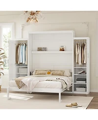 Streamdale Furniture Queen Size Murphy Bed with 2 Wardrobes & Storage Shelf, White