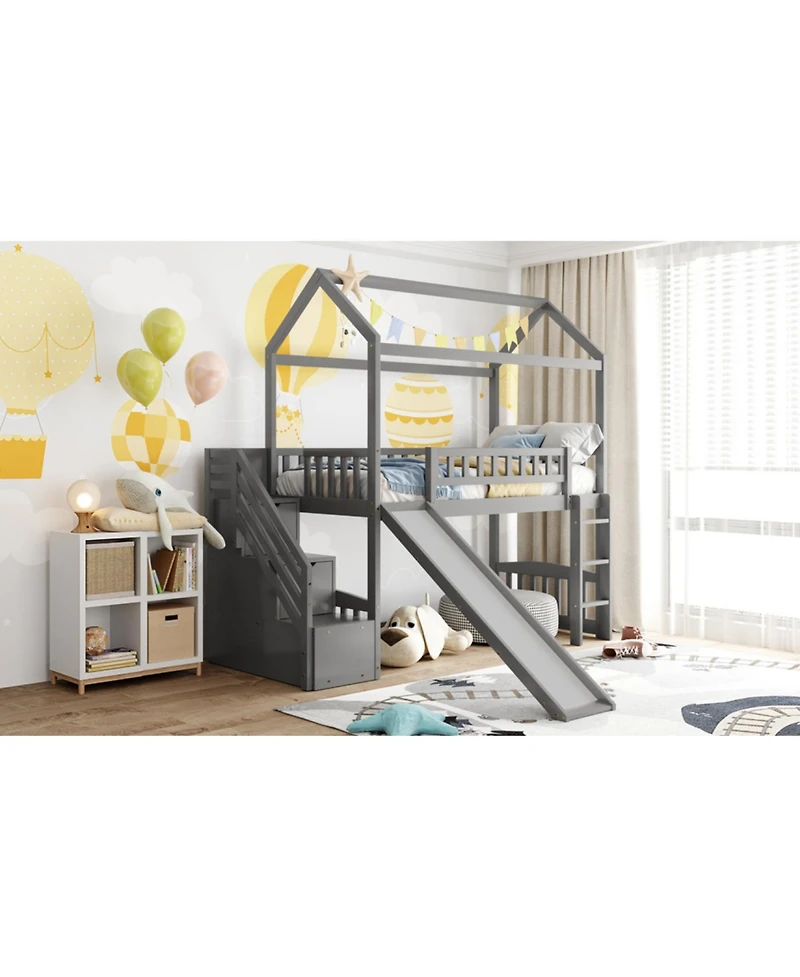 Streamdale Furniture Twin Loft Bed with Drawers and Slide, Gray