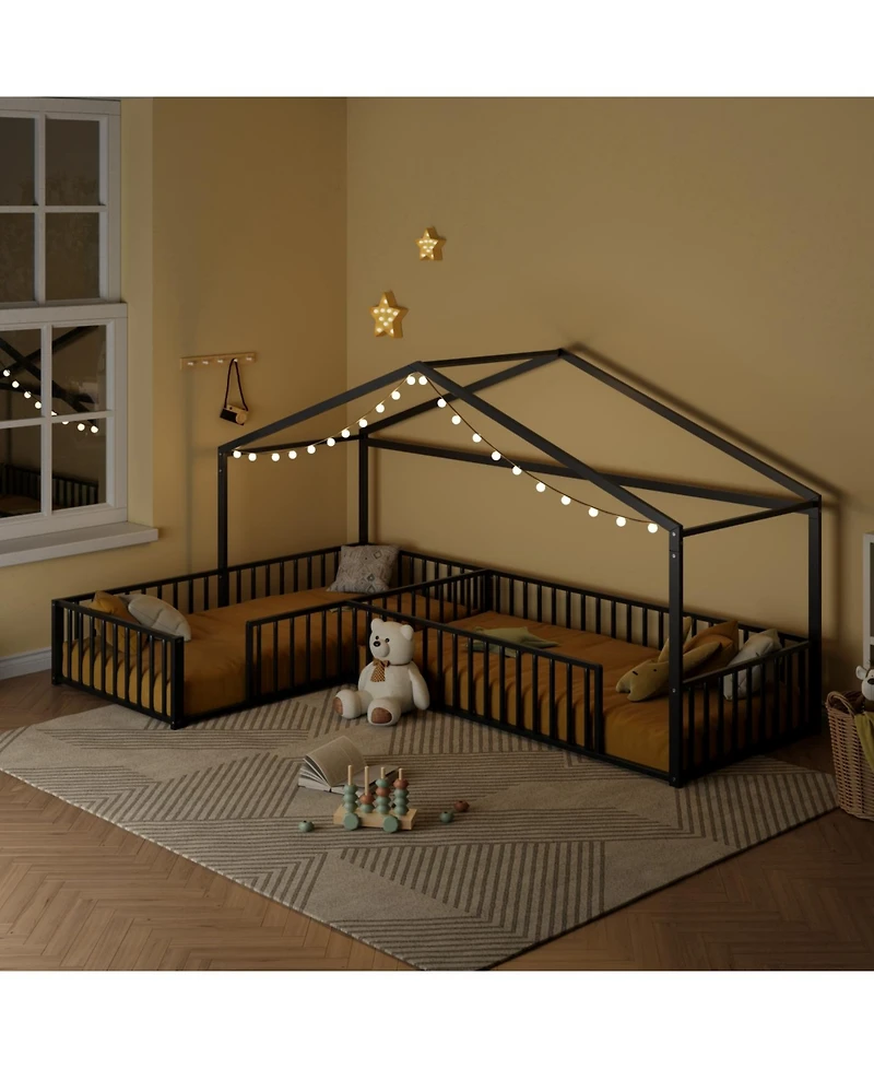 Streamdale Furniture Streamdale Metal L-Shaped Montessori House Bed Frame for 2 Kids, Black