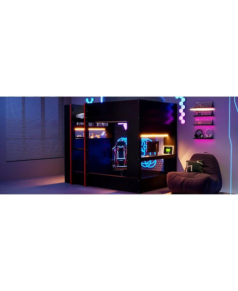 Streamdale Furniture Wood Gaming Bunk Bed with Desk, Storage, Led & Charging Station