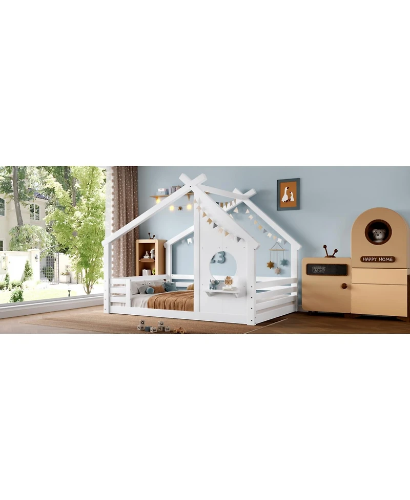 Streamdale Furniture Full House Floor Bed with Window & Shelf, Solid Wood, White