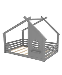 Streamdale Furniture Full House Floor Bed with Window & Shelf, Solid Wood, Grey