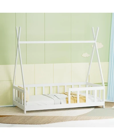 Streamdale Wooden Montessori Floor Bed Frame for Kids with Guardrail, White