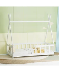Streamdale Wooden Montessori Floor Bed Frame for Kids with Guardrail, White