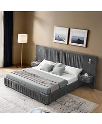 Streamdale Furniture Queen Size Chenille Upholstered Bed Frame with Pleated Design - Dark Grey