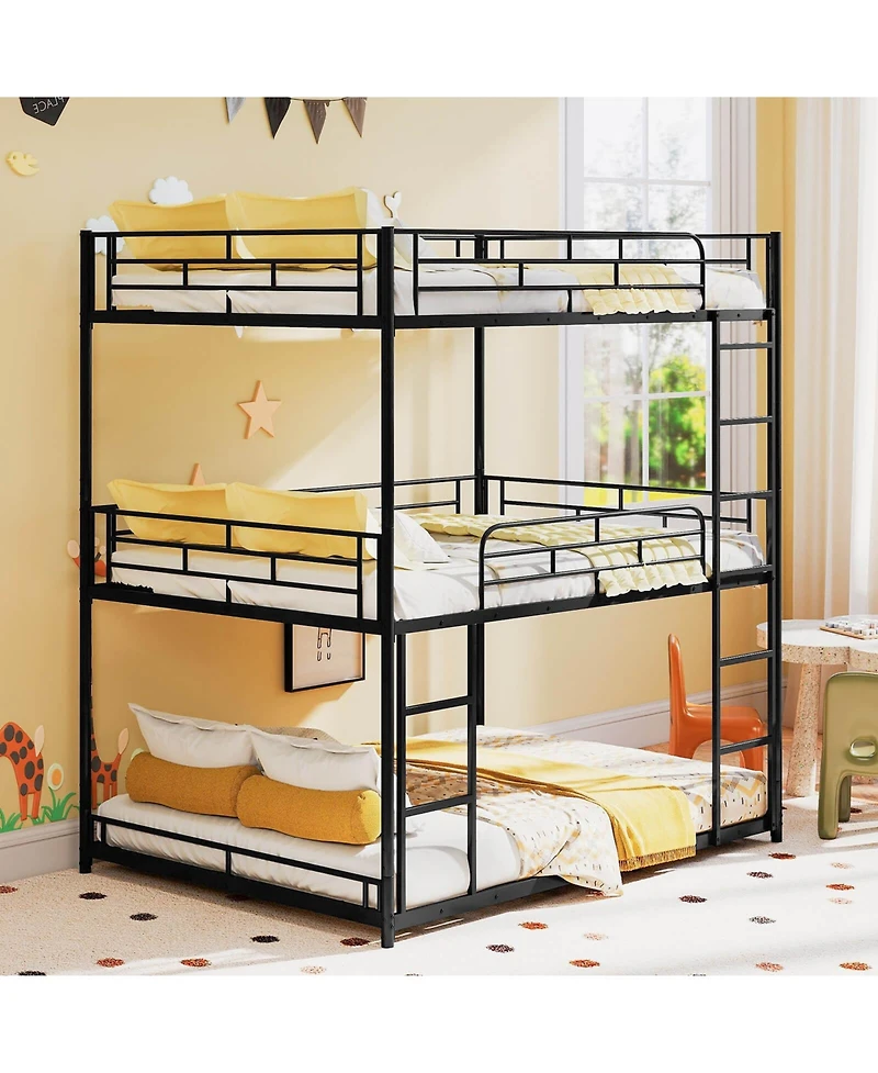 Costway Full Over Full Over Full Metal Bed Frame Heavy-Duty Triple Bunk Bed w/Dual Ladders