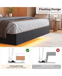gaomon Floating Bed with Led Light Strips & Usb Charging, Modern Upholstered Headboard, Wood Slats, Noise-Free, Easy Setup