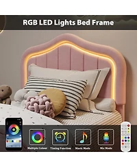 gaomon Twin Led Upholstered Bed Frame with Storage Drawer – Velvet Princess Platform for Kids/Girls, Sturdy Wood Slats, No Box Spring