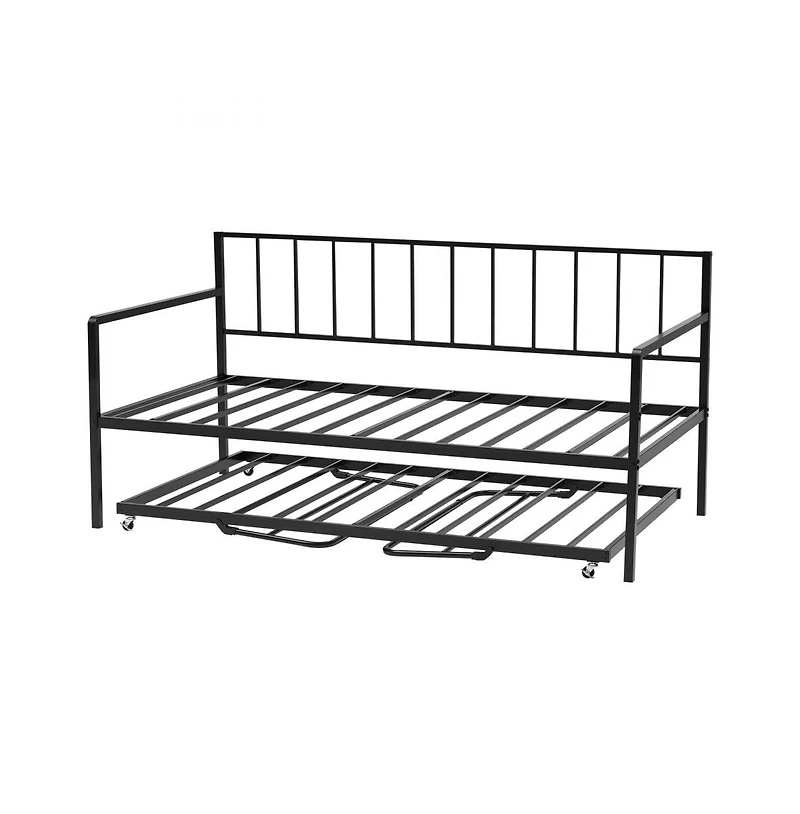 Slickblue Metal Pull-Out Trundle, Led Lights, Charging Station, Adjustable Backrest Daybed Frame