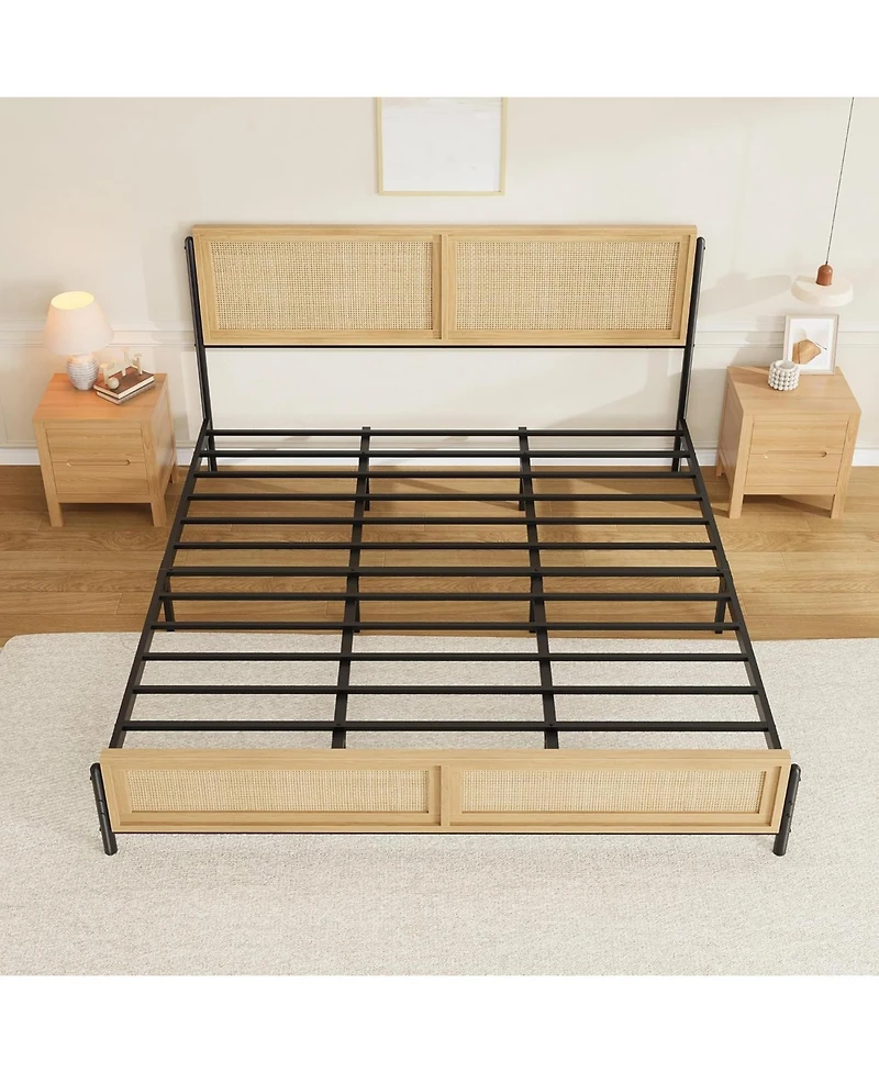 Gaomon King Size Boho Bed Frame with Natural Rattan Headboard & Footboard, 14" Metal Platform, No Box Spring Needed