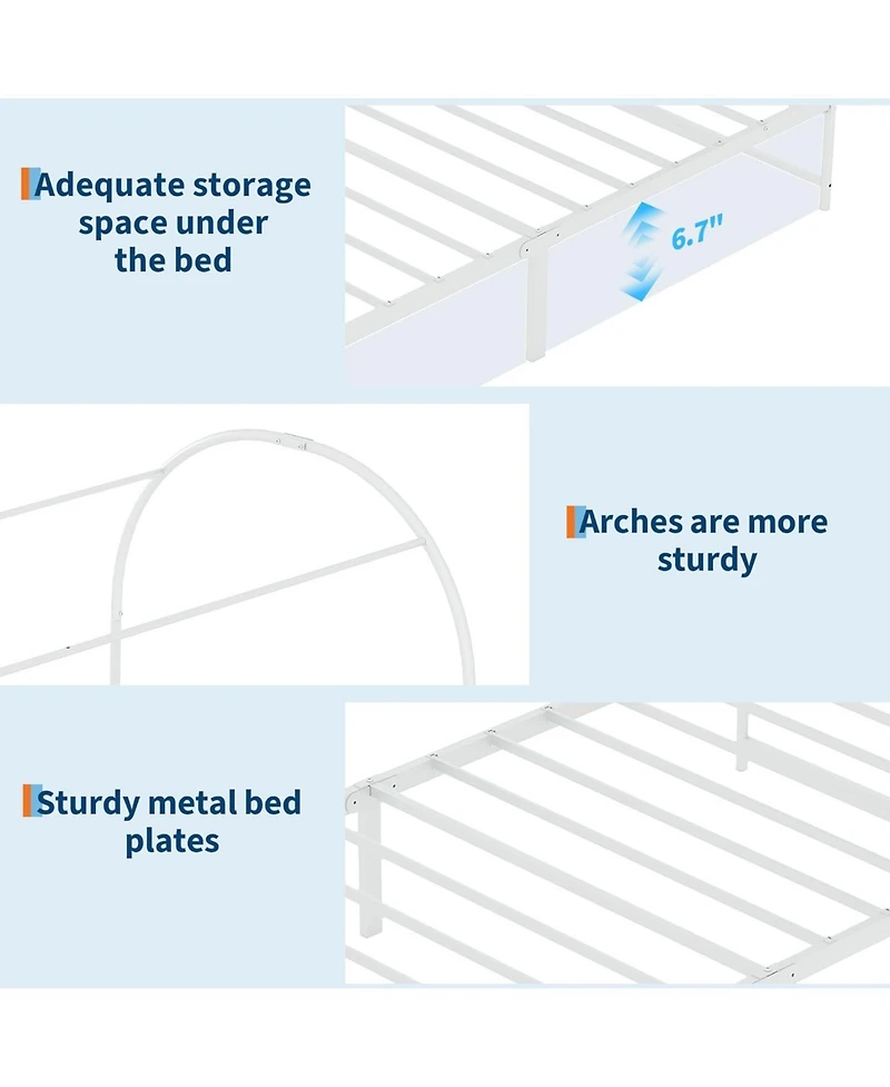 Twin Size Canopy Bed Frame with Upholstered Headboard, Underbed Storage, Decorative Arched Metal, White