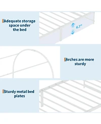 Twin Size Canopy Bed Frame with Upholstered Headboard, Underbed Storage, Decorative Arched Metal, White