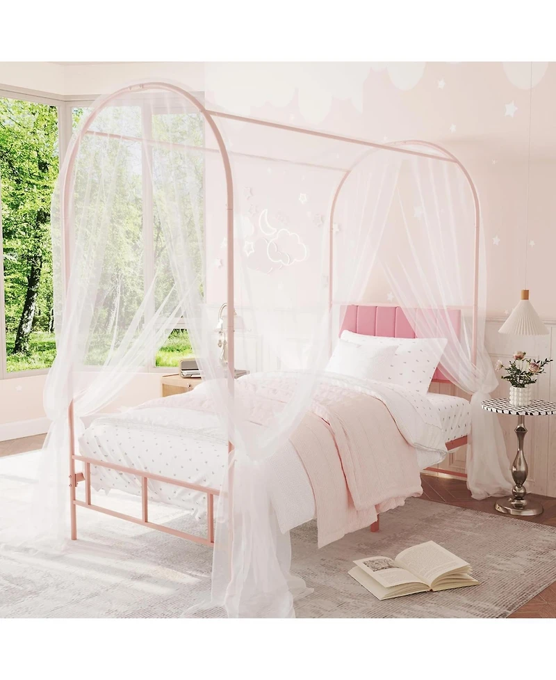 Twin Size Canopy Bed Frame with Upholstered Headboard, Underbed Storage, Decorative Arched Metal, Pink