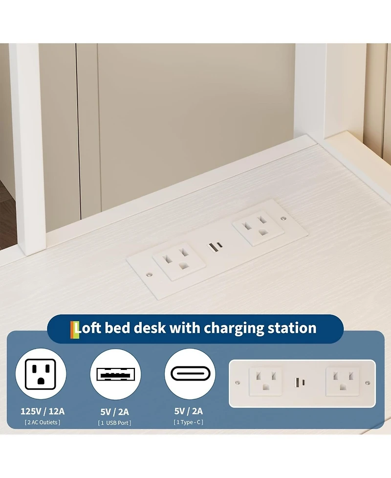 gaomon Twin Size Loft Bed with Desk, Storage Shelves, Led Lights, Safety Guardrail, Ladder, Steel Slats