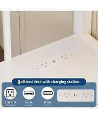 gaomon Twin Size Loft Bed with Desk, Storage Shelves, Led Lights, Safety Guardrail, Ladder, Steel Slats