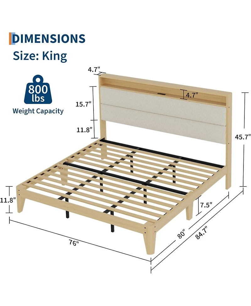 gaomon King Size Boucle Upholstered Bed Frame with Led Headboard Charging Station 2-Tier Storage Cream No Box Spring