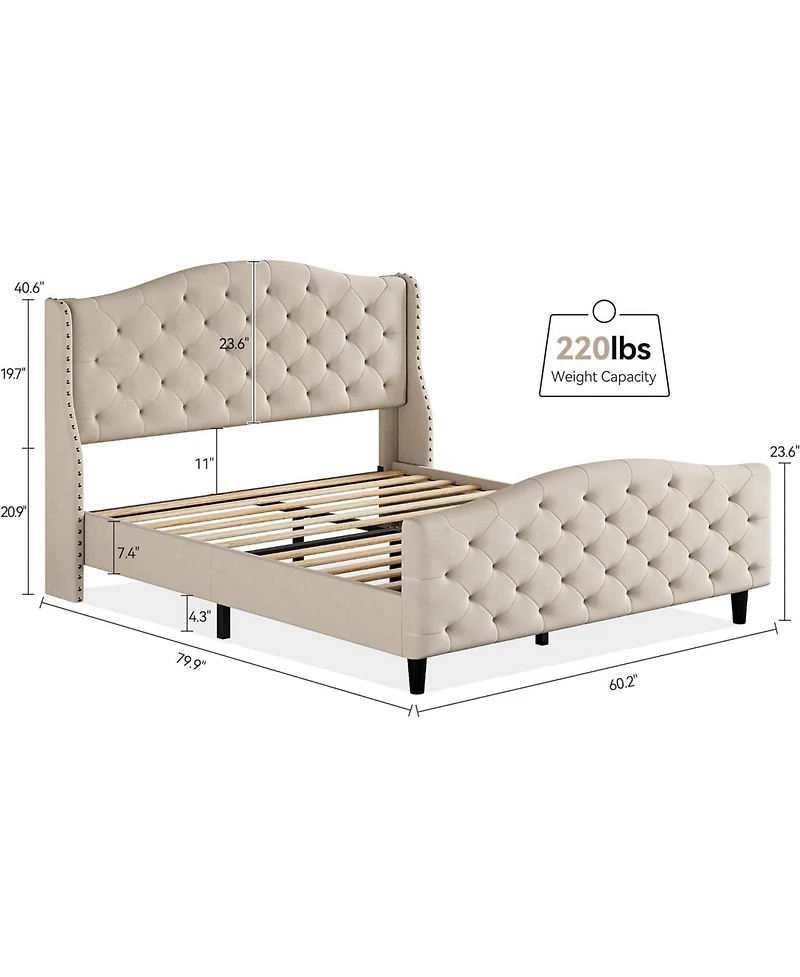 gaomon Queen Size Platform Bed Frame with Wingback Velvet Headboard Nailhead Trim Wooden Slats