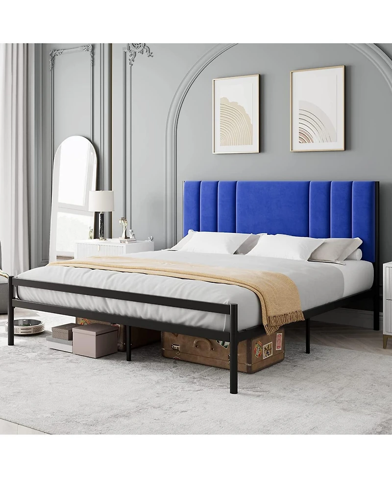 Gaomon Full Size Platform Bed Frame with Velvet Headboard Heavy Duty Metal Bed Frame Blue