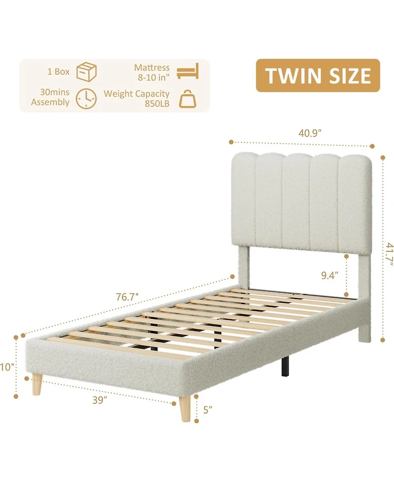 gaomon Twin Bed Frame Boucle Upholstered Wave Headboard Girls Kids Wooden Slats No Box Spring Needed Beige