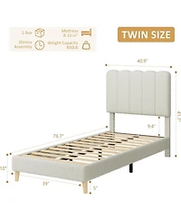 gaomon Twin Bed Frame Boucle Upholstered Wave Headboard Girls Kids Wooden Slats No Box Spring Needed Beige