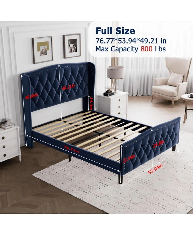 gaomon Full Bed Frame Blue Upholstered 4 Storage Drawers Wingback Headboard Charging Station Button Tufted