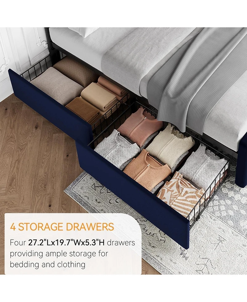 gaomon Upholstered Bed Frame 4 Storage Drawers Headboard Linen Platform Wooden Slats Button Tufted