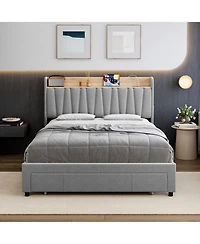 gaomon Queen Size Upholstered Platform Bed Frame Storage Drawers Power Socket Wooden Slats No Box Spring Easy Assembly
