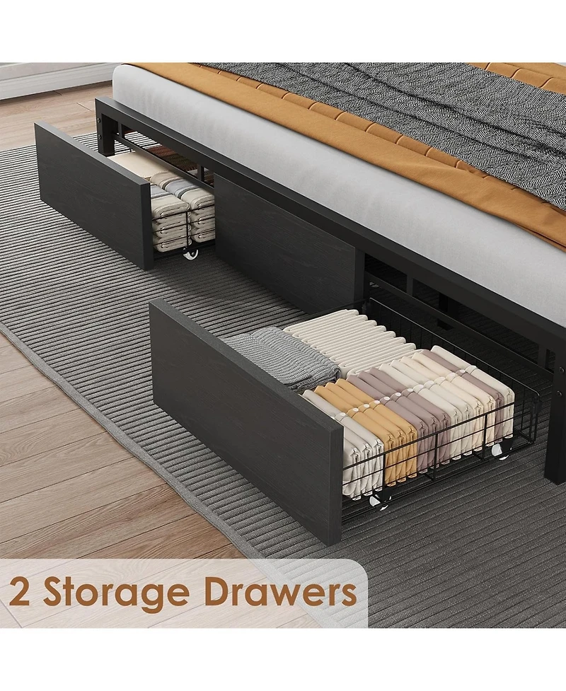 gaomon King Size Platform Bed Frame Metal+Pb Board Upholstered Two Mesh Drawers Charging Station No Box Spring