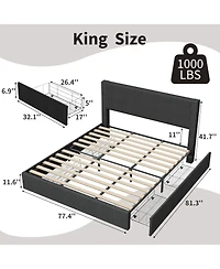 gaomon Upholstered Platform Bed Frame 4 Storage Drawers Corduroy Tufted Wingback Headboard Wood Slats No Box Spring Black