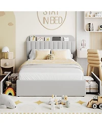 gaomon Queen Size Boucle Upholstered Bed Frame with Bookcase Headboard 2 Drawers No Box Spring Platform Bed Frame