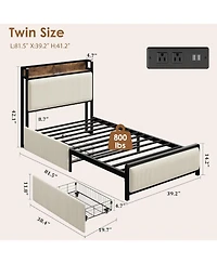 Gaomon Twin Size Beige Velvet Upholstered Platform Bed Frame 2 Storage Drawers Charging Station Storage Headboard No Box Spring
