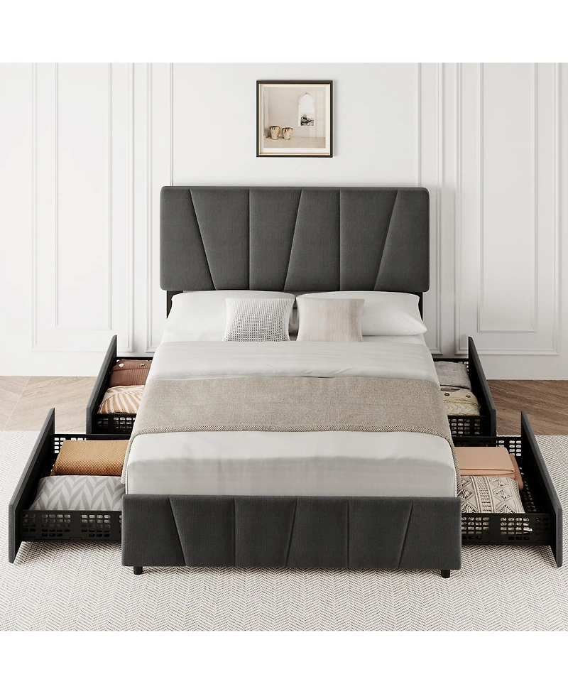 Gaomon Full Size Upholstered Bed Frame - 4 Storage Drawers, Adjustable Velvet Headboard, Wooden Slats Support