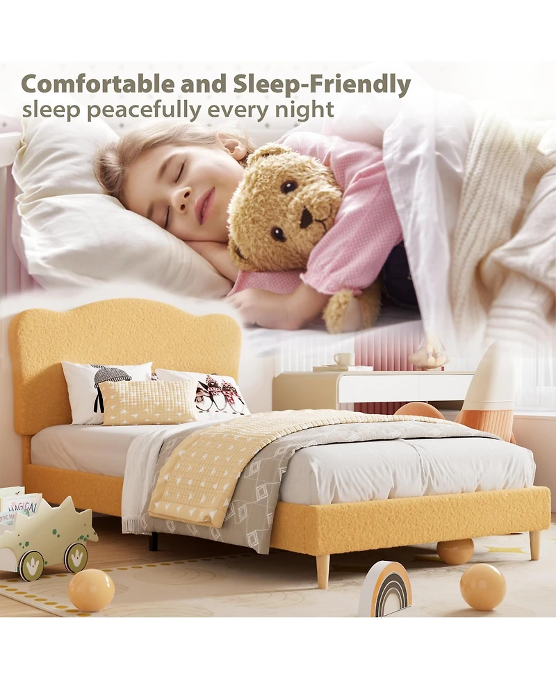 gaomon Full Size Bed Frame for Kids with Scallop Headboard, Cute Velvet Twin Bed for Girls, Boys