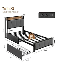 gaomon Twin Xl Size Metal Storage Headboard, 2 Drawers & Charging Station Bed Frame