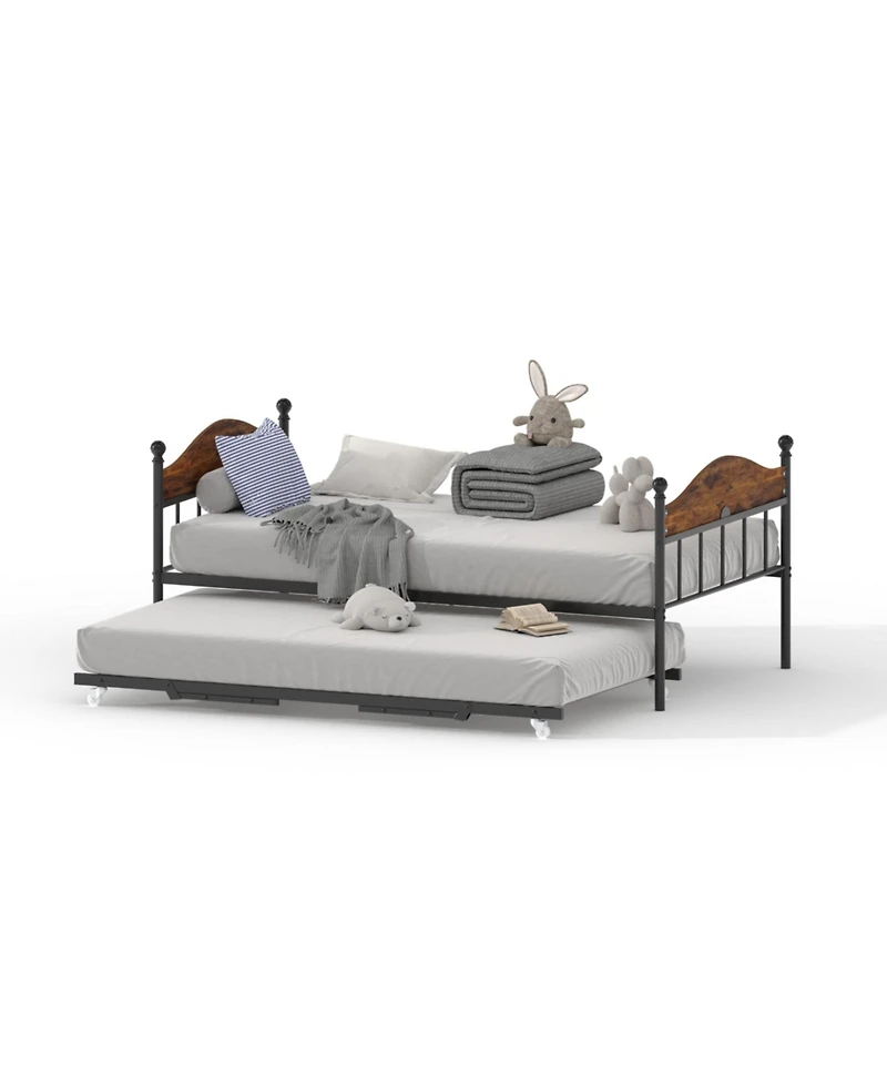 Gaomon Daybed with Trundle, Metal Twin Size Day Bed with Stylish Headboard, Sofa Bed Frame with Pop Up Foldable Trundle Bed