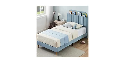 gaomon Twin Bed Frames, Upholstered Platform Bed Frame with Bookcase Headboard, Velvet Platform Bed Mattress Foundation