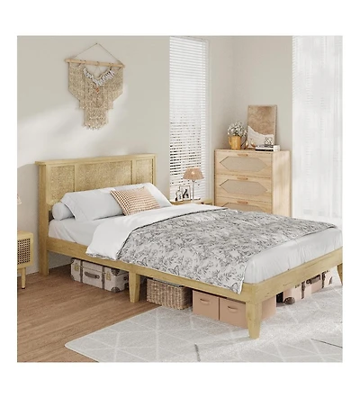 Gaomon Full Bed Frame with Natural Rattan Headboard, Sturdy Wooden Slats, Metal Platform, Boho Cane Mattress Support