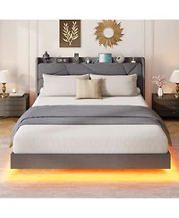 gaomon Queen Size Floating Upholstered Platform Bed Frame with Rgb Led Lights and Built-In Charging Station
