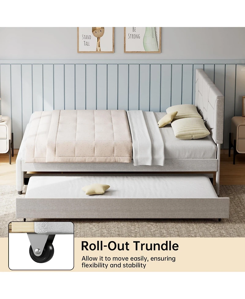 gaomon Trundle Bed, Full Size Upholstered Platform Bed Frame, Pull Out Bed with Headboard, Wood Slat Support