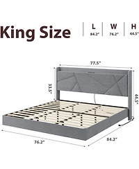 gaomon King Floating Bed Frame with Rgb Led Lights & Charging Station Upholstered Platform Storage Headboard Button Tufted Design No Box Spring