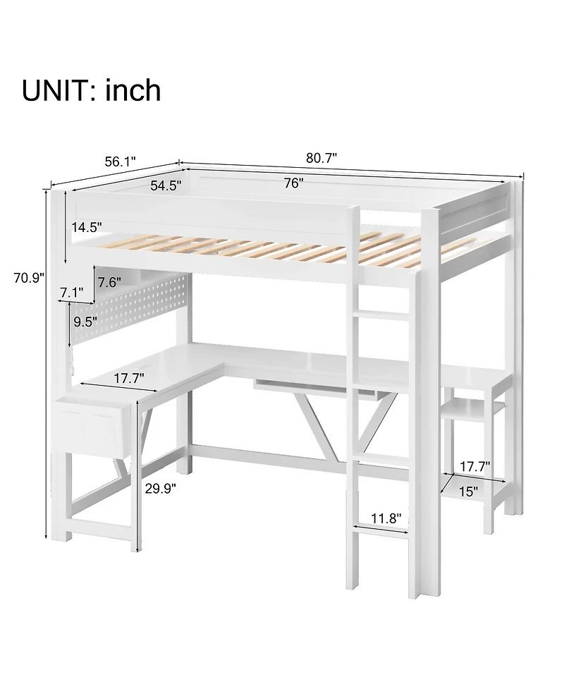 Flynama White Wood Full Size Gaming Loft Bed Built In Desk Charging Station Led Lighting Storage Shelves Multifunctional Modern Living Space Furniture