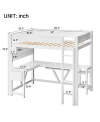 Flynama White Wood Full Size Gaming Loft Bed Built In Desk Charging Station Led Lighting Storage Shelves Multifunctional Modern Living Space Furniture