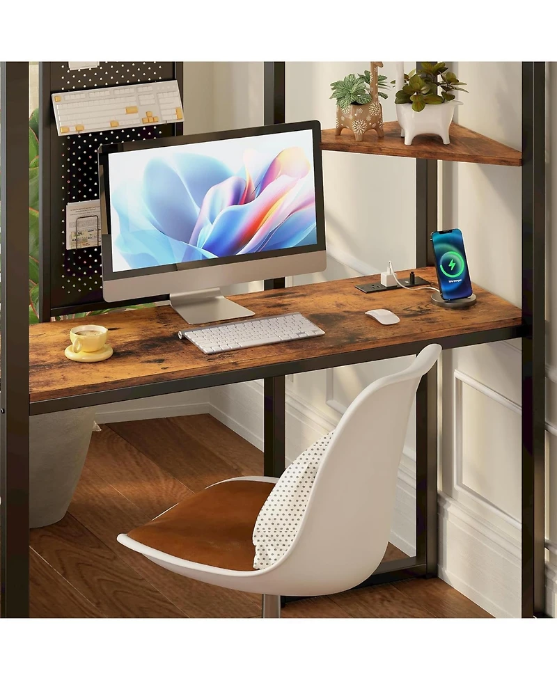 Likimio Twin Metal Loft Bed with Desk, Shelves and 2 Built-in Ladders, Power Outlet and Led Lighted, Space-Saving
