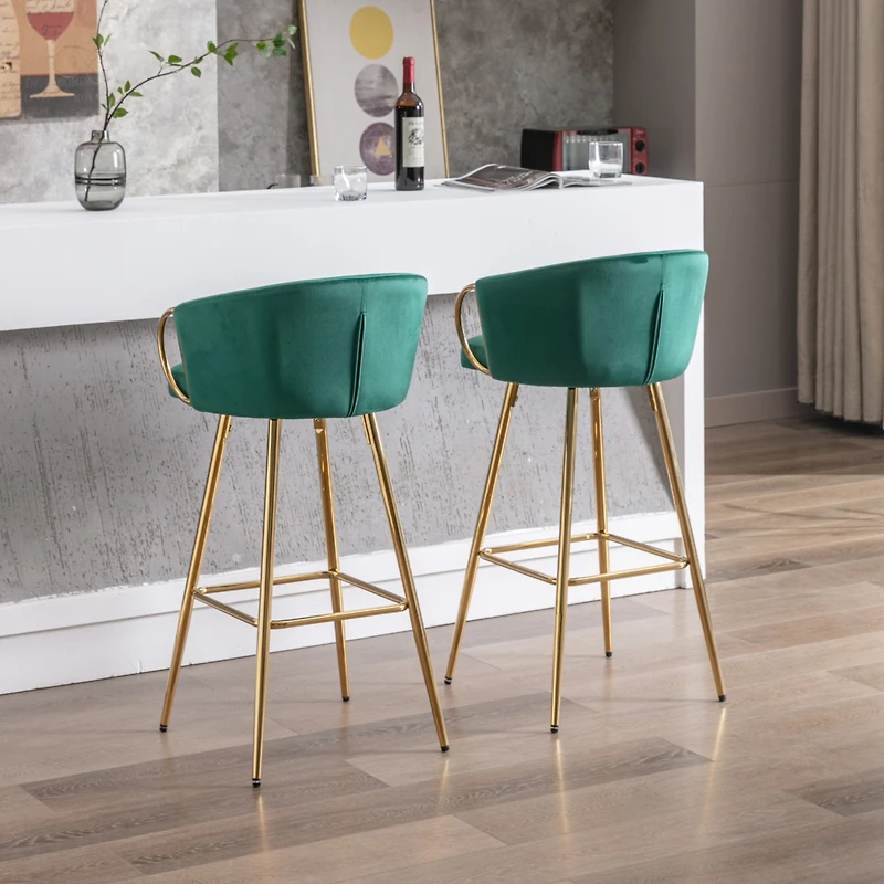 Set of 2 Green Velvet Bar Stools with Chrome Base