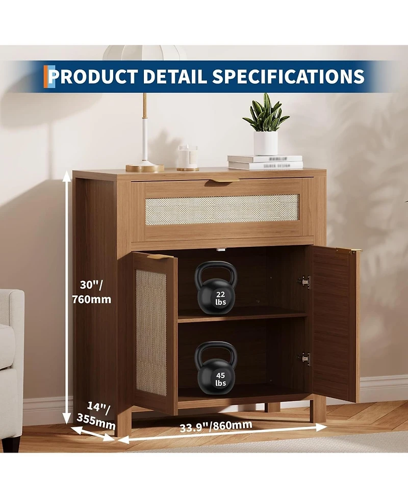 gaomon Rattan Buffet Cabinet with Storage, Narrow Sideboard Doors & Drawer, Wood Console Table for Living Room