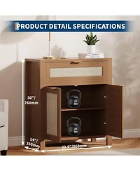 gaomon Rattan Buffet Cabinet with Storage, Narrow Sideboard Doors & Drawer, Wood Console Table for Living Room