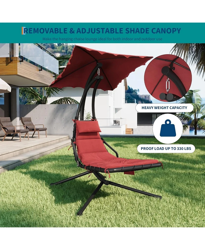 gaomon Chaise Lounger Swing Chair with Umbrella Canopy, Patio Hanging Lounge Chair with Stand, Curved Steel Outdoor Chair for Pool, Garden, Backyard