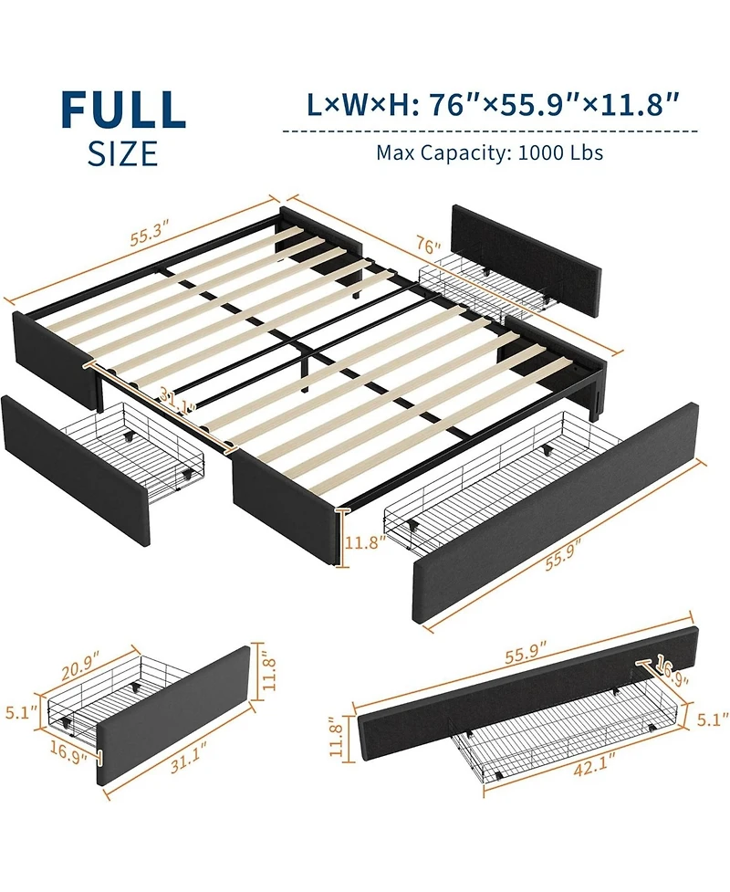 gaomon Full Bed Frame with 3 Storage Drawers, Upholstered Platform, Wooden Slat Support, Customizable Headboard, No Box Spring Needed