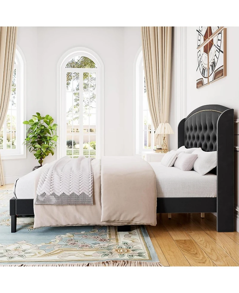 Gaomon King Velvet Platform Bed with Wingback Tufted Headboard & Wood Slats, No Box Spring Required