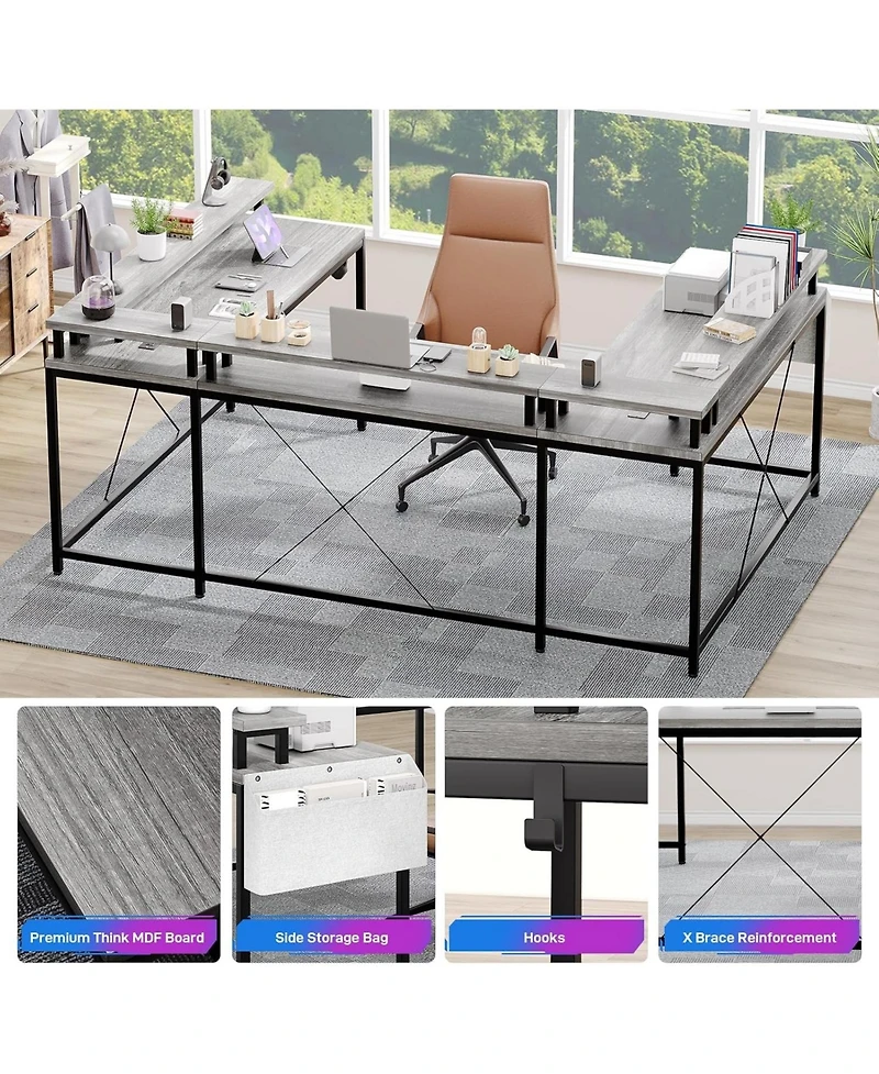 gaomon 78" Wooden Power Outlets & Rgb Led, Reversible L-Shaped Home Office Desk with Storage U-Shaped Gaming Computer Desk